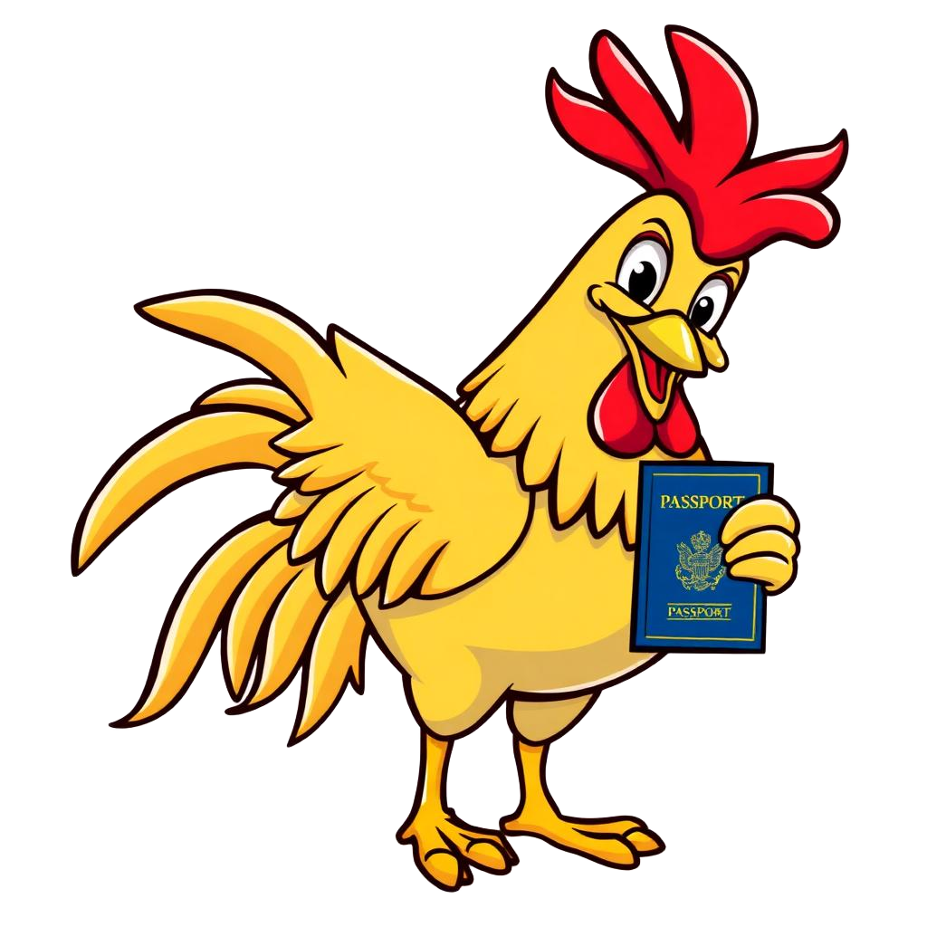Cartoon rooster mascot holding a passport